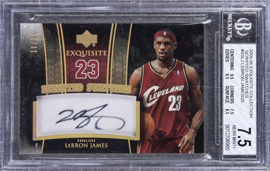 2005-06 UD "Exquisite Collection" Scripted Swatches #SSLJ LeBron James Signed Game Used Patch Card (#11/25) – BGS NM+ 7.5/BGS 10